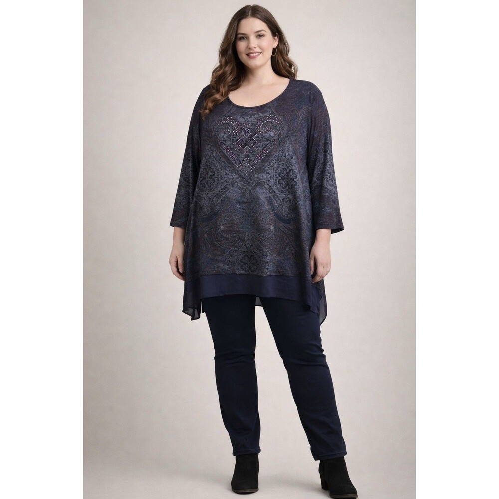 One World Printed Knit 3/4 Sleeve Chiffon Trimmed Sharkbite Tunic Purple Blue